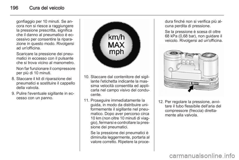 OPEL ANTARA 2015 Manuale di uso e manutenzione (in Italian) 196Cura del veicolo
gonfiaggio per 10 minuti. Se an‐
cora non si riesce a raggiungere
la pressione prescritta, significa
che il danno al pneumatico è ec‐
cessivo per consentire la ripara‐
zione OPEL ANTARA 2015 Manuale di uso e manutenzione (in Italian) 196Cura del veicolo
gonfiaggio per 10 minuti. Se an‐
cora non si riesce a raggiungere
la pressione prescritta, significa
che il danno al pneumatico è ec‐
cessivo per consentire la ripara‐
zione
