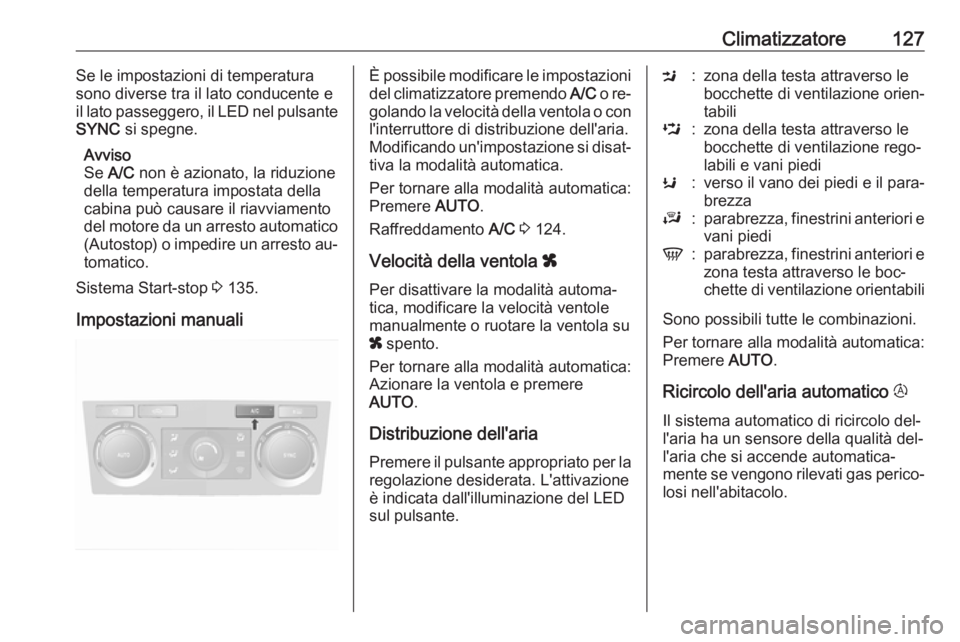 OPEL ANTARA 2016.5  Manuale di uso e manutenzione (in Italian) Climatizzatore127Se le impostazioni di temperatura
sono diverse tra il lato conducente e
il lato passeggero, il LED nel pulsante
SYNC  si spegne.
Avviso
Se  A/C  non è azionato, la riduzione
della te