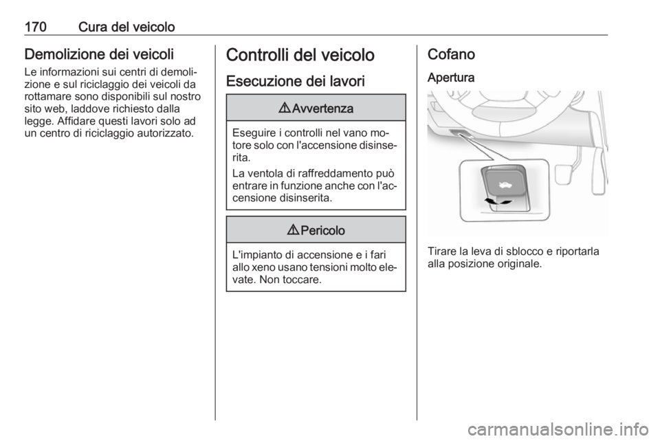 OPEL ANTARA 2016.5  Manuale di uso e manutenzione (in Italian) 170Cura del veicoloDemolizione dei veicoliLe informazioni sui centri di demoli‐
zione e sul riciclaggio dei veicoli da
rottamare sono disponibili sul nostro
sito web, laddove richiesto dalla
legge. 