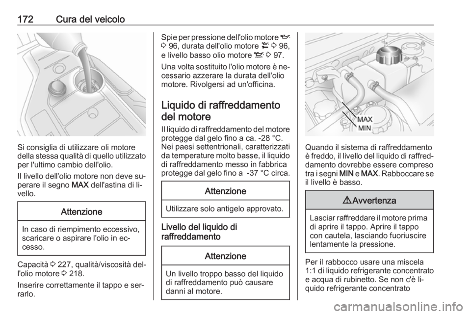 OPEL ANTARA 2016.5  Manuale di uso e manutenzione (in Italian) 172Cura del veicolo
Si consiglia di utilizzare oli motore
della stessa qualità di quello utilizzato per l'ultimo cambio dell'olio.
Il livello dell'olio motore non deve su‐
perare il seg
