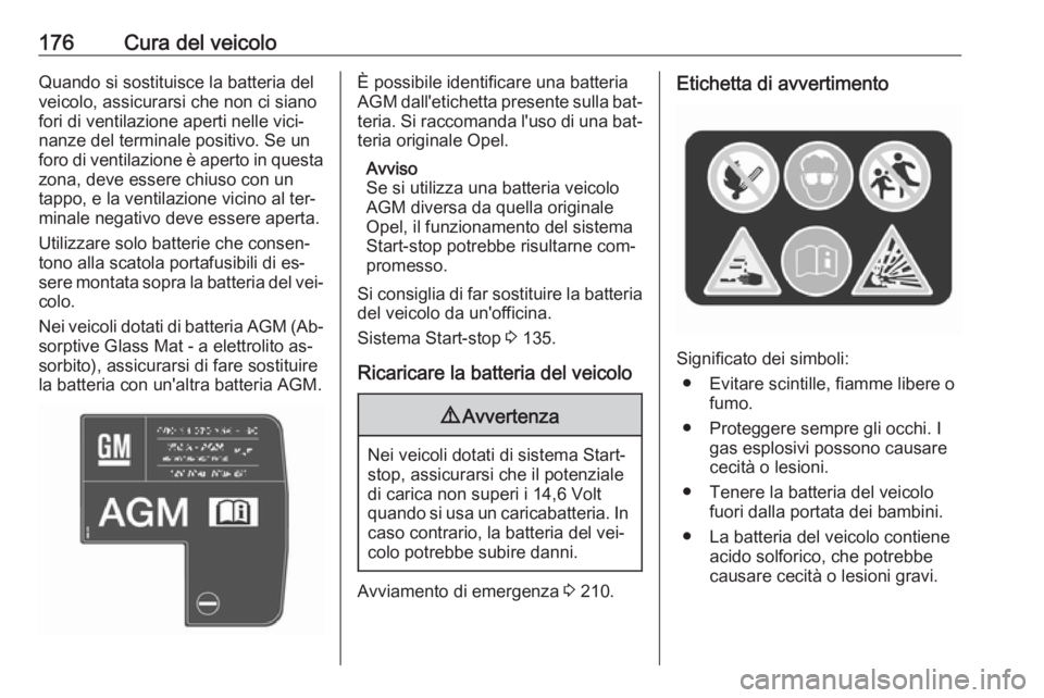 OPEL ANTARA 2016.5  Manuale di uso e manutenzione (in Italian) 176Cura del veicoloQuando si sostituisce la batteria del
veicolo, assicurarsi che non ci siano
fori di ventilazione aperti nelle vici‐
nanze del terminale positivo. Se un
foro di ventilazione è ape