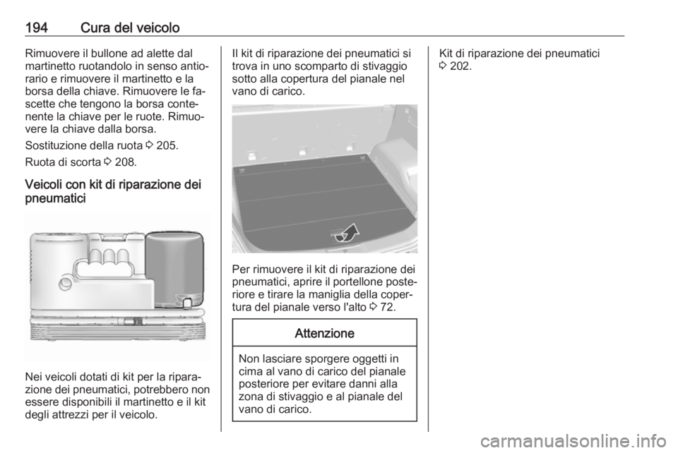 OPEL ANTARA 2016.5  Manuale di uso e manutenzione (in Italian) 194Cura del veicoloRimuovere il bullone ad alette dal
martinetto ruotandolo in senso antio‐
rario e rimuovere il martinetto e la
borsa della chiave. Rimuovere le fa‐
scette che tengono la borsa co