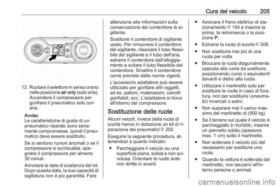 OPEL ANTARA 2016.5  Manuale di uso e manutenzione (in Italian) Cura del veicolo205
13.Ruotare il selettore in senso orario
nella posizione  air only (solo aria).
Accendere il compressore per
gonfiare il pneumatico solo con
aria.
Avviso
Le caratteristiche di guida