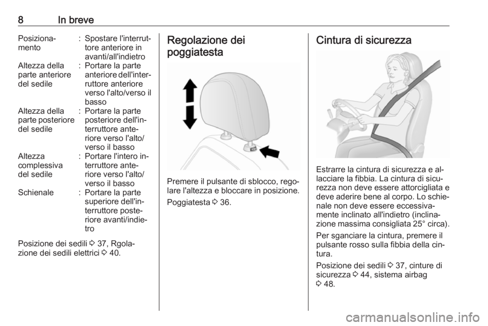 OPEL ANTARA 2016.5  Manuale di uso e manutenzione (in Italian) 8In brevePosiziona‐
mento:Spostare l'interrut‐
tore anteriore in
avanti/all'indietroAltezza della
parte anteriore
del sedile:Portare la parte
anteriore dell'inter‐ ruttore anteriore

