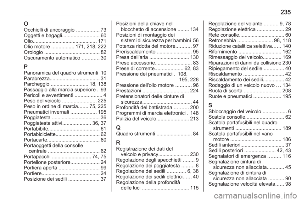OPEL ANTARA 2017.5  Manuale di uso e manutenzione (in Italian) 235OOcchielli di ancoraggio  ................73
Oggetti e bagagli .......................... 60
Olio ............................................. 171
Olio motore  ................171, 218, 222
Orolog