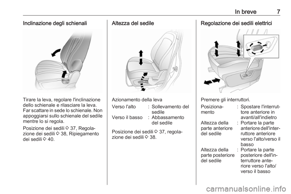 OPEL ANTARA 2017.5  Manuale di uso e manutenzione (in Italian) In breve7Inclinazione degli schienali
Tirare la leva, regolare l'inclinazione
dello schienale e rilasciare la leva.
Far scattare in sede lo schienale. Non appoggiarsi sullo schienale del sedilemen