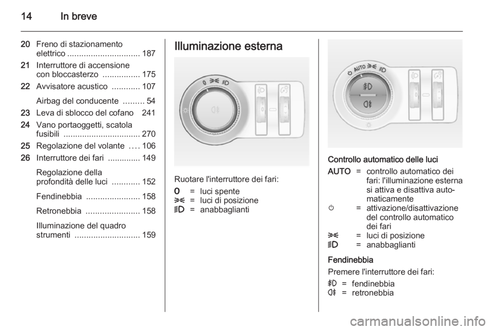 OPEL ASTRA J 2014  Manuale di uso e manutenzione (in Italian) 14In breve
20Freno di stazionamento
elettrico ............................... 187
21 Interruttore di accensione
con bloccasterzo  ................175
22 Avvisatore acustico  ............107
Airbag del