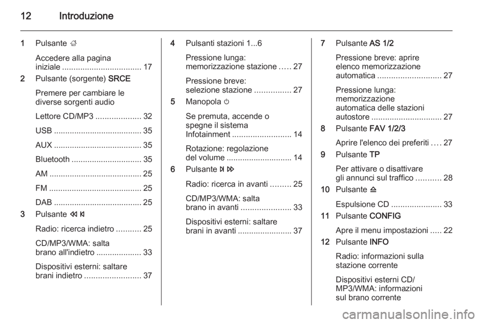 OPEL ASTRA J 2015  Manuale del sistema Infotainment (in Italian) 12Introduzione
1Pulsante  ;
Accedere alla pagina
iniziale ................................... 17
2 Pulsante (sorgente)  SRCE
Premere per cambiare le
diverse sorgenti audio
Lettore CD/MP3 .............