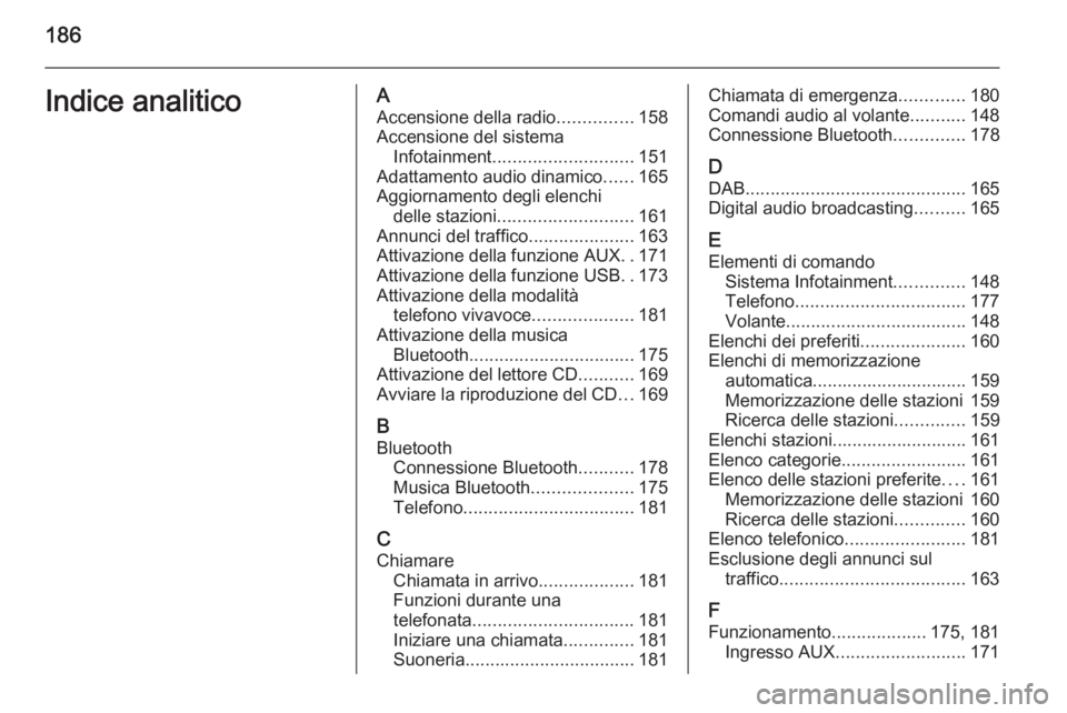 OPEL ASTRA J 2015 Manuale del sistema Infotainment (in Italian) 186Indice analiticoAAccensione della radio ...............158
Accensione del sistema Infotainment ............................ 151
Adattamento audio dinamico ......165
Aggiornamento degli elenchi dell OPEL ASTRA J 2015 Manuale del sistema Infotainment (in Italian) 186Indice analiticoAAccensione della radio ...............158
Accensione del sistema Infotainment ............................ 151
Adattamento audio dinamico ......165
Aggiornamento degli elenchi dell
