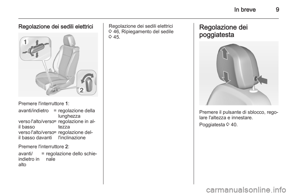 OPEL ASTRA J 2015 Manuale di uso e manutenzione (in Italian) In breve9
Regolazione dei sedili elettrici
Premere l'interruttore 1:
avanti/indietro=regolazione della
lunghezzaverso l'alto/verso
il basso=regolazione in al‐
tezzaverso l'alto/verso
il OPEL ASTRA J 2015 Manuale di uso e manutenzione (in Italian) In breve9
Regolazione dei sedili elettrici
Premere l'interruttore 1:
avanti/indietro=regolazione della
lunghezzaverso l'alto/verso
il basso=regolazione in al‐
tezzaverso l'alto/verso
il