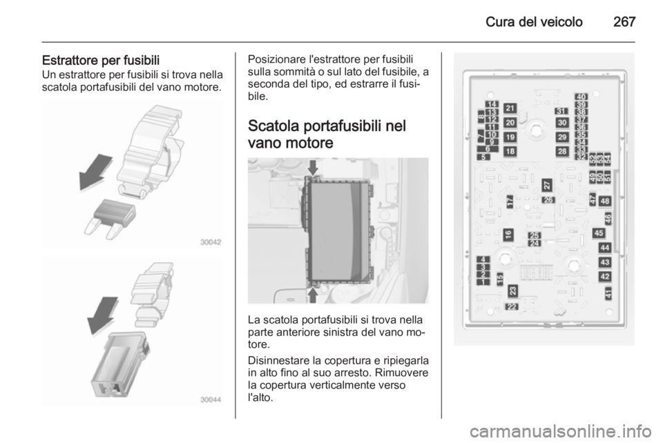 OPEL ASTRA J 2015  Manuale di uso e manutenzione (in Italian) Cura del veicolo267
Estrattore per fusibili
Un estrattore per fusibili si trova nella scatola portafusibili del vano motore.Posizionare l'estrattore per fusibili
sulla sommità o sul lato del fusi