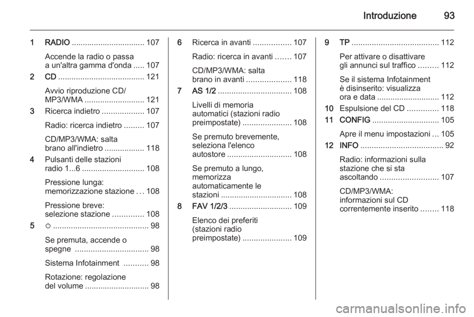 OPEL ASTRA J 2015.5  Manuale del sistema Infotainment (in Italian) Introduzione93
1 RADIO................................. 107
Accende la radio o passa
a un'altra gamma d'onda ..... 107
2 CD ....................................... 121
Avvio riproduzione CD/
M