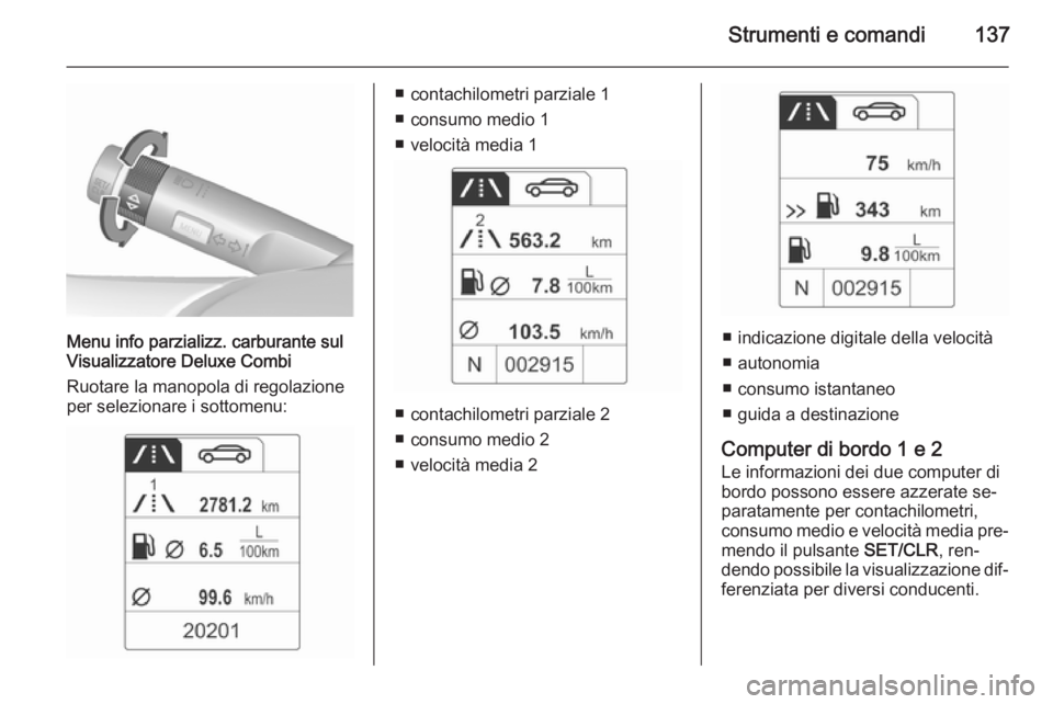 OPEL ASTRA J 2015.5 Manuale di uso e manutenzione (in Italian) Strumenti e comandi137
Menu info parzializz. carburante sul
Visualizzatore Deluxe Combi
Ruotare la manopola di regolazione
per selezionare i sottomenu:
■ contachilometri parziale 1
■ consumo medio OPEL ASTRA J 2015.5 Manuale di uso e manutenzione (in Italian) Strumenti e comandi137
Menu info parzializz. carburante sul
Visualizzatore Deluxe Combi
Ruotare la manopola di regolazione
per selezionare i sottomenu:
■ contachilometri parziale 1
■ consumo medio