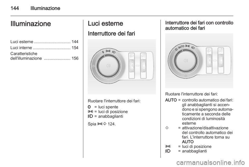 OPEL ASTRA J 2015.5 Manuale di uso e manutenzione (in Italian) 144IlluminazioneIlluminazioneLuci esterne............................... 144
Luci interne ................................ 154
Caratteristiche
dell'illuminazione ....................... 156Luci e OPEL ASTRA J 2015.5 Manuale di uso e manutenzione (in Italian) 144IlluminazioneIlluminazioneLuci esterne............................... 144
Luci interne ................................ 154
Caratteristiche
dell'illuminazione ....................... 156Luci e