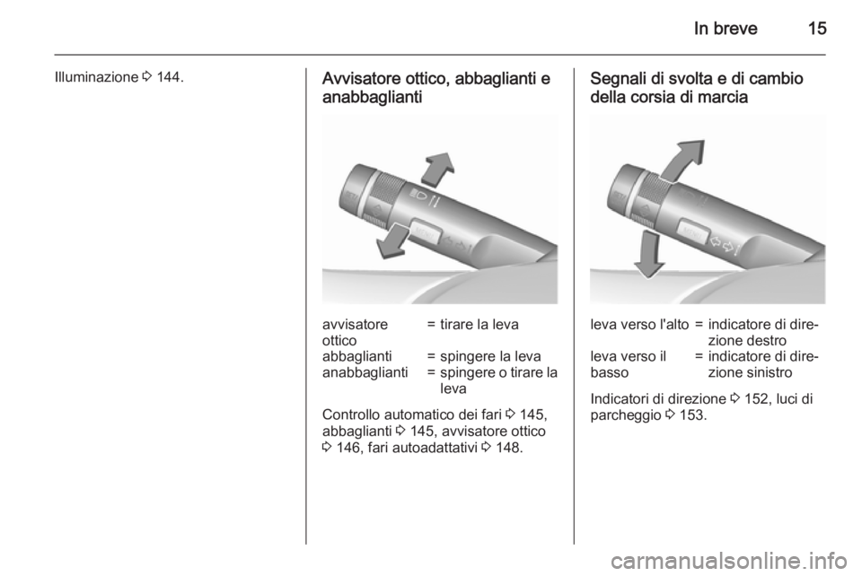 OPEL ASTRA J 2015.5 Manuale di uso e manutenzione (in Italian) In breve15
Illuminazione 3 144.Avvisatore ottico, abbaglianti e
anabbagliantiavvisatore
ottico=tirare la levaabbaglianti=spingere la levaanabbaglianti=spingere o tirare la
leva
Controllo automatico de OPEL ASTRA J 2015.5 Manuale di uso e manutenzione (in Italian) In breve15
Illuminazione 3 144.Avvisatore ottico, abbaglianti e
anabbagliantiavvisatore
ottico=tirare la levaabbaglianti=spingere la levaanabbaglianti=spingere o tirare la
leva
Controllo automatico de