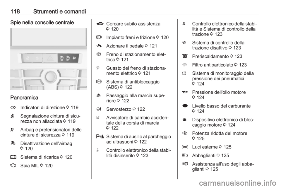 OPEL ASTRA J 2016  Manuale di uso e manutenzione (in Italian) 118Strumenti e comandiSpie nella consolle centrale
Panoramica
OIndicatori di direzione 3 119XSegnalazione cintura di sicu‐
rezza non allacciata  3 119vAirbag e pretensionatori delle
cinture di sicur