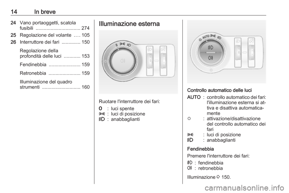 OPEL ASTRA J 2016 Manuale di uso e manutenzione (in Italian) 14In breve24Vano portaoggetti, scatola
fusibili ................................. 274
25 Regolazione del volante ....105
26 Interruttore dei fari .............. 150
Regolazione della
profondità de OPEL ASTRA J 2016 Manuale di uso e manutenzione (in Italian) 14In breve24Vano portaoggetti, scatola
fusibili ................................. 274
25 Regolazione del volante ....105
26 Interruttore dei fari .............. 150
Regolazione della
profondità de