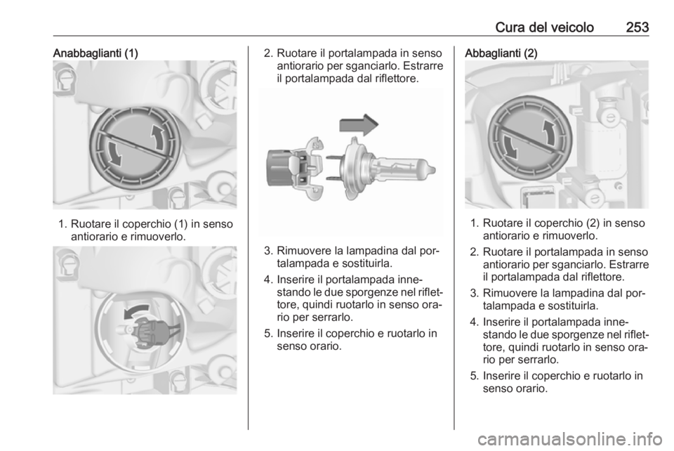 OPEL ASTRA J 2016 Manuale di uso e manutenzione (in Italian) Cura del veicolo253Anabbaglianti (1)
1. Ruotare il coperchio (1) in sensoantiorario e rimuoverlo.
2. Ruotare il portalampada in sensoantiorario per sganciarlo. Estrarreil portalampada dal riflettore.
OPEL ASTRA J 2016 Manuale di uso e manutenzione (in Italian) Cura del veicolo253Anabbaglianti (1)
1. Ruotare il coperchio (1) in sensoantiorario e rimuoverlo.
2. Ruotare il portalampada in sensoantiorario per sganciarlo. Estrarreil portalampada dal riflettore.