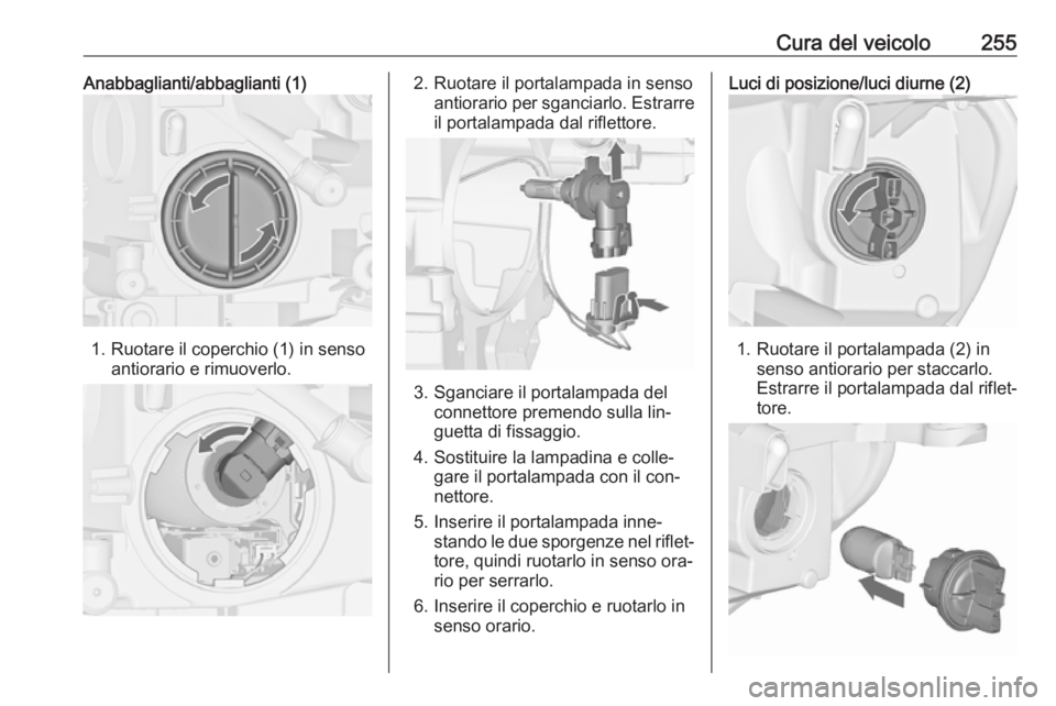 OPEL ASTRA J 2016 Manuale di uso e manutenzione (in Italian) Cura del veicolo255Anabbaglianti/abbaglianti (1)
1. Ruotare il coperchio (1) in sensoantiorario e rimuoverlo.
2. Ruotare il portalampada in sensoantiorario per sganciarlo. Estrarreil portalampada dal OPEL ASTRA J 2016 Manuale di uso e manutenzione (in Italian) Cura del veicolo255Anabbaglianti/abbaglianti (1)
1. Ruotare il coperchio (1) in sensoantiorario e rimuoverlo.
2. Ruotare il portalampada in sensoantiorario per sganciarlo. Estrarreil portalampada dal