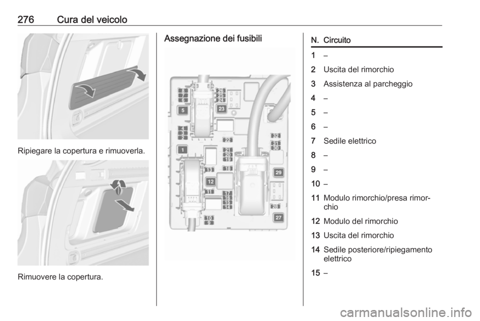 OPEL ASTRA J 2016  Manuale di uso e manutenzione (in Italian) 276Cura del veicolo
Ripiegare la copertura e rimuoverla.
Rimuovere la copertura.
Assegnazione dei fusibiliN.Circuito1–2Uscita del rimorchio3Assistenza al parcheggio4–5–6–7Sedile elettrico8–9