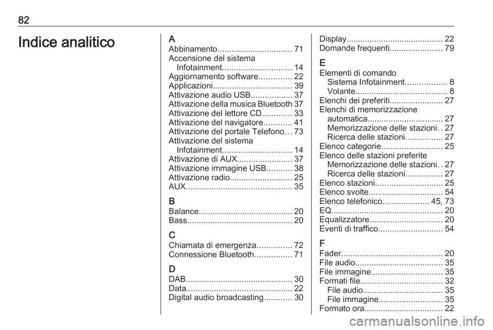 OPEL ASTRA J 2016.5  Manuale del sistema Infotainment (in Italian) 82Indice analiticoAAbbinamento ................................ 71
Accensione del sistema Infotainment .............................. 14
Aggiornamento software ..............22
Applicazioni ..........