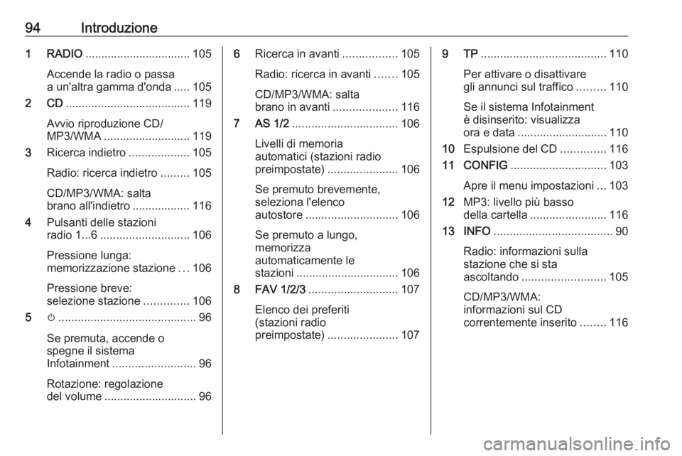 OPEL ASTRA J 2016.5  Manuale del sistema Infotainment (in Italian) 94Introduzione1 RADIO................................. 105
Accende la radio o passa
a un'altra gamma d'onda ..... 105
2 CD ....................................... 119
Avvio riproduzione CD/
MP
