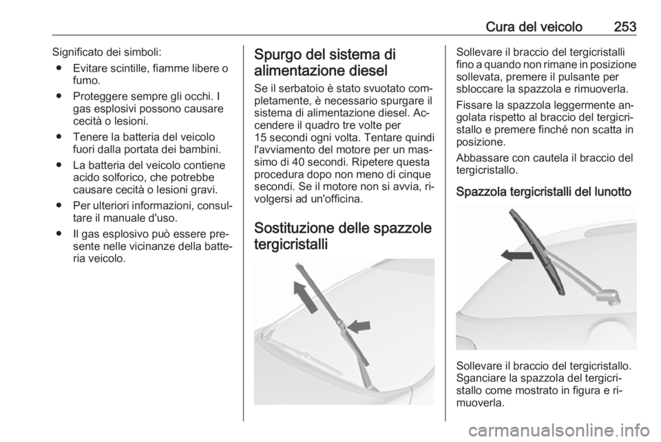 OPEL ASTRA J 2016.5  Manuale di uso e manutenzione (in Italian) Cura del veicolo253Significato dei simboli:● Evitare scintille, fiamme libere o fumo.
● Proteggere sempre gli occhi. I gas esplosivi possono causare
cecità o lesioni.
● Tenere la batteria del v
