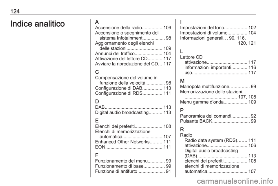 OPEL ASTRA J 2017 Manuale del sistema Infotainment (in Italian) 124Indice analiticoAAccensione della radio ...............106
Accensione o spegnimento del sistema Infotainment .................98
Aggiornamento degli elenchi delle stazioni ......................... OPEL ASTRA J 2017 Manuale del sistema Infotainment (in Italian) 124Indice analiticoAAccensione della radio ...............106
Accensione o spegnimento del sistema Infotainment .................98
Aggiornamento degli elenchi delle stazioni .........................