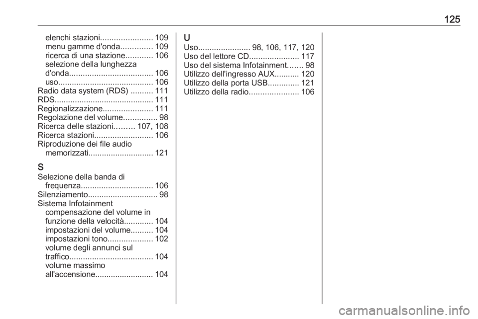 OPEL ASTRA J 2017 Manuale del sistema Infotainment (in Italian) 125elenchi stazioni....................... 109
menu gamme d'onda ..............109
ricerca di una stazione ............106
selezione della lunghezza
d'onda .................................... OPEL ASTRA J 2017 Manuale del sistema Infotainment (in Italian) 125elenchi stazioni....................... 109
menu gamme d'onda ..............109
ricerca di una stazione ............106
selezione della lunghezza
d'onda ....................................