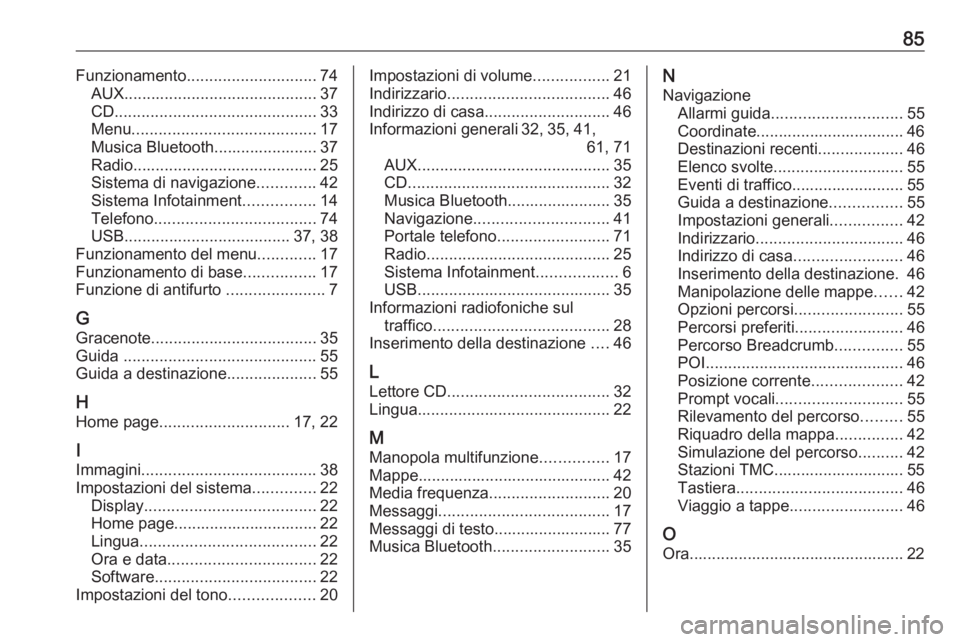 OPEL ASTRA J 2017 Manuale del sistema Infotainment (in Italian) 85Funzionamento............................. 74
AUX ........................................... 37
CD ............................................. 33
Menu ......................................... 17 OPEL ASTRA J 2017 Manuale del sistema Infotainment (in Italian) 85Funzionamento............................. 74
AUX ........................................... 37
CD ............................................. 33
Menu ......................................... 17