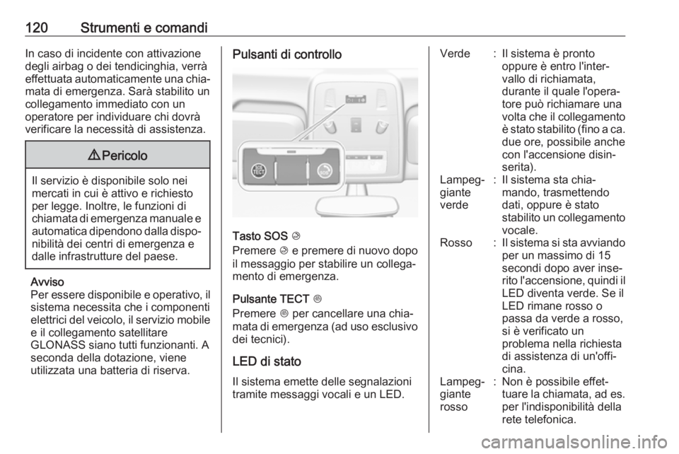 OPEL ASTRA J 2017  Manuale di uso e manutenzione (in Italian) 120Strumenti e comandiIn caso di incidente con attivazione
degli airbag o dei tendicinghia, verrà
effettuata automaticamente una chia‐ mata di emergenza. Sarà stabilito un
collegamento immediato c