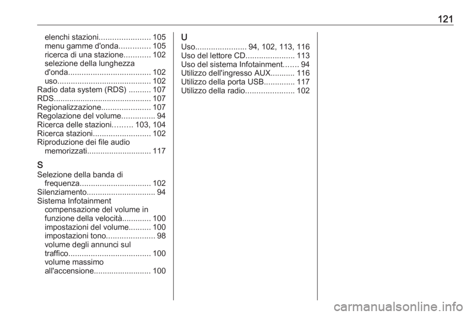 OPEL ASTRA J 2018 Manuale del sistema Infotainment (in Italian) 121elenchi stazioni....................... 105
menu gamme d'onda ..............105
ricerca di una stazione ............102
selezione della lunghezza
d'onda .................................... OPEL ASTRA J 2018 Manuale del sistema Infotainment (in Italian) 121elenchi stazioni....................... 105
menu gamme d'onda ..............105
ricerca di una stazione ............102
selezione della lunghezza
d'onda ....................................