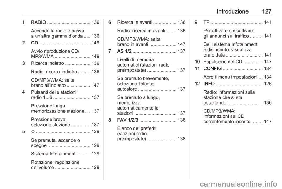 OPEL ASTRA J 2018 Manuale del sistema Infotainment (in Italian) Introduzione1271 RADIO................................. 136
Accende la radio o passa
a un'altra gamma d'onda ..... 136
2 CD ....................................... 149
Avvio riproduzione CD/
M OPEL ASTRA J 2018 Manuale del sistema Infotainment (in Italian) Introduzione1271 RADIO................................. 136
Accende la radio o passa
a un'altra gamma d'onda ..... 136
2 CD ....................................... 149
Avvio riproduzione CD/
M
