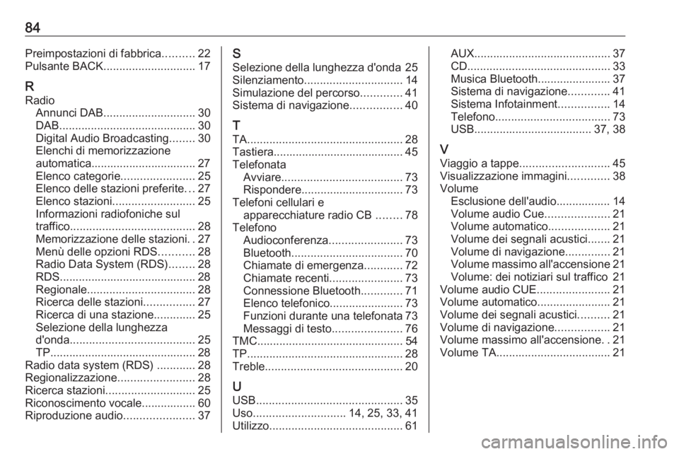 OPEL ASTRA J 2018 Manuale del sistema Infotainment (in Italian) 84Preimpostazioni di fabbrica..........22
Pulsante BACK ............................. 17
R Radio Annunci DAB ............................. 30
DAB ........................................... 30
Digital OPEL ASTRA J 2018 Manuale del sistema Infotainment (in Italian) 84Preimpostazioni di fabbrica..........22
Pulsante BACK ............................. 17
R Radio Annunci DAB ............................. 30
DAB ........................................... 30
Digital