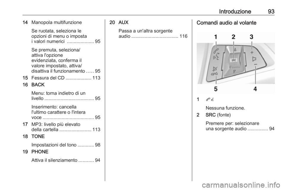 OPEL ASTRA J 2018  Manuale del sistema Infotainment (in Italian) Introduzione9314Manopola multifunzione
Se ruotata, seleziona le
opzioni di menu o imposta
i valori numerici  ....................95
Se premuta, seleziona/
attiva l'opzione
evidenziata, conferma il