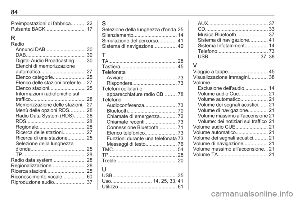 OPEL ASTRA J 2018.5 Manuale del sistema Infotainment (in Italian) 84Preimpostazioni di fabbrica..........22
Pulsante BACK ............................. 17
R Radio Annunci DAB ............................. 30
DAB ........................................... 30
Digital OPEL ASTRA J 2018.5 Manuale del sistema Infotainment (in Italian) 84Preimpostazioni di fabbrica..........22
Pulsante BACK ............................. 17
R Radio Annunci DAB ............................. 30
DAB ........................................... 30
Digital