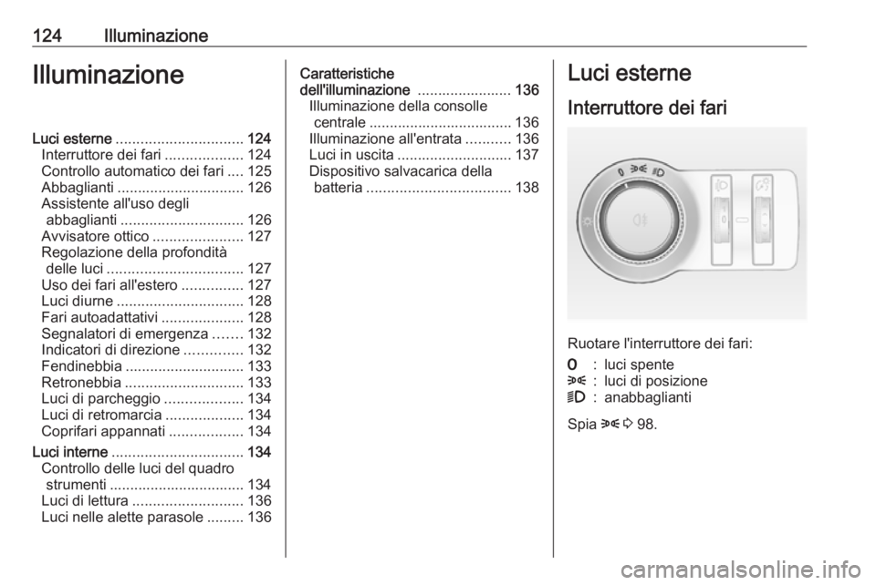 OPEL ASTRA J 2018.5 Manuale di uso e manutenzione (in Italian) 124IlluminazioneIlluminazioneLuci esterne............................... 124
Interruttore dei fari ...................124
Controllo automatico dei fari ....125
Abbaglianti ............................ OPEL ASTRA J 2018.5 Manuale di uso e manutenzione (in Italian) 124IlluminazioneIlluminazioneLuci esterne............................... 124
Interruttore dei fari ...................124
Controllo automatico dei fari ....125
Abbaglianti ............................