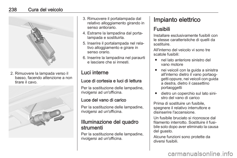 OPEL ASTRA J 2018.5 Manuale di uso e manutenzione (in Italian) 238Cura del veicolo
2. Rimuovere la lampada verso ilbasso, facendo attenzione a non
tirare il cavo.
3. Rimuovere il portalampada dal relativo alloggiamento girando in
senso antiorario.
4. Estrarre la OPEL ASTRA J 2018.5 Manuale di uso e manutenzione (in Italian) 238Cura del veicolo
2. Rimuovere la lampada verso ilbasso, facendo attenzione a non
tirare il cavo.
3. Rimuovere il portalampada dal relativo alloggiamento girando in
senso antiorario.
4. Estrarre la
