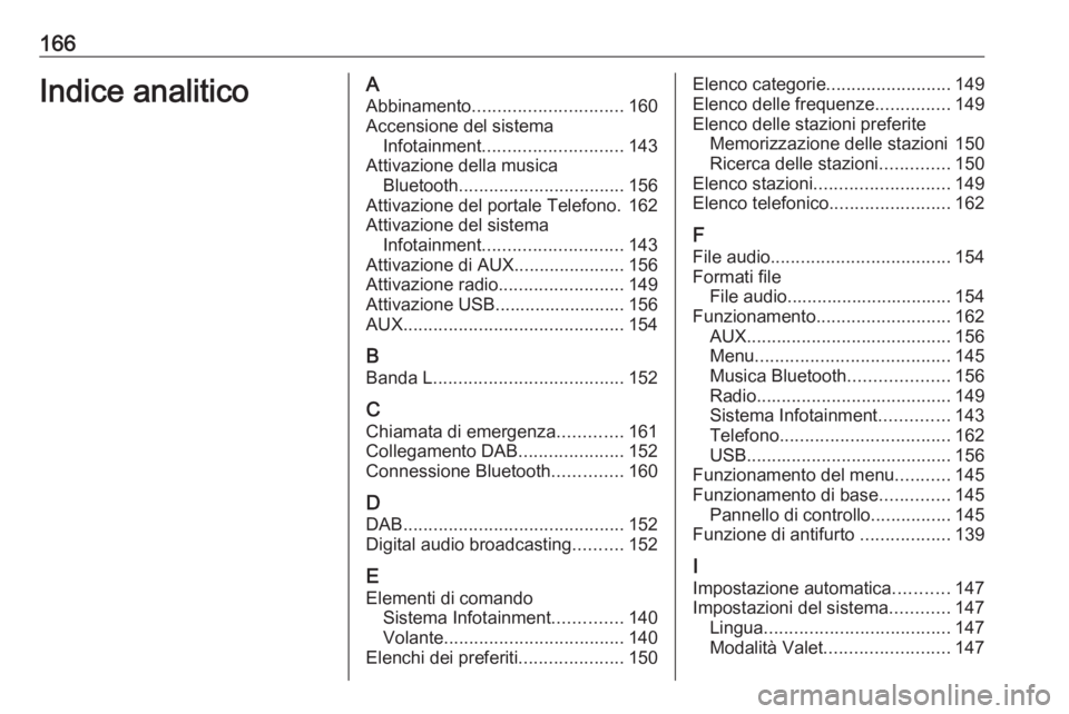 OPEL ASTRA K 2016 Manuale del sistema Infotainment (in Italian) 166Indice analiticoAAbbinamento .............................. 160
Accensione del sistema Infotainment ............................ 143
Attivazione della musica Bluetooth ............................. OPEL ASTRA K 2016 Manuale del sistema Infotainment (in Italian) 166Indice analiticoAAbbinamento .............................. 160
Accensione del sistema Infotainment ............................ 143
Attivazione della musica Bluetooth .............................