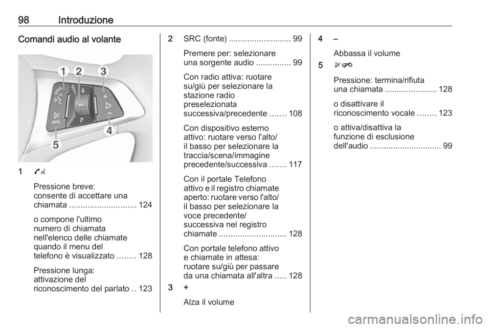 OPEL ASTRA K 2016 Manuale del sistema Infotainment (in Italian) 98IntroduzioneComandi audio al volante
17w
Pressione breve:
consente di accettare una
chiamata ............................. 124
o compone l'ultimo
numero di chiamata
nell'elenco delle chiamat OPEL ASTRA K 2016 Manuale del sistema Infotainment (in Italian) 98IntroduzioneComandi audio al volante
17w
Pressione breve:
consente di accettare una
chiamata ............................. 124
o compone l'ultimo
numero di chiamata
nell'elenco delle chiamat
