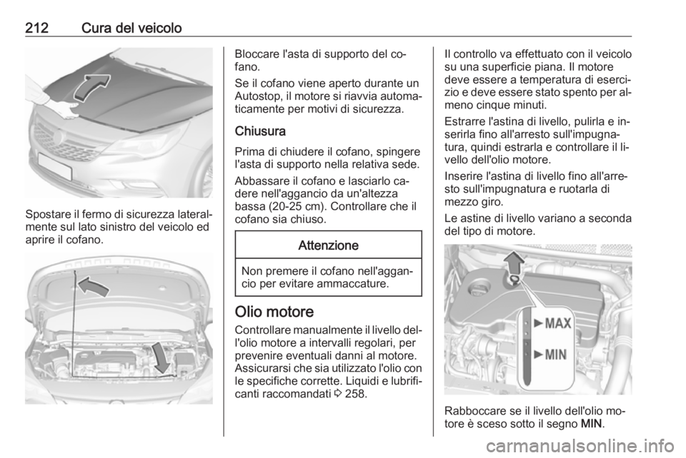 OPEL ASTRA K 2016 Manuale di uso e manutenzione (in Italian) 212Cura del veicolo
Spostare il fermo di sicurezza lateral‐mente sul lato sinistro del veicolo ed
aprire il cofano.
Bloccare l'asta di supporto del co‐
fano.
Se il cofano viene aperto durante OPEL ASTRA K 2016 Manuale di uso e manutenzione (in Italian) 212Cura del veicolo
Spostare il fermo di sicurezza lateral‐mente sul lato sinistro del veicolo ed
aprire il cofano.
Bloccare l'asta di supporto del co‐
fano.
Se il cofano viene aperto durante