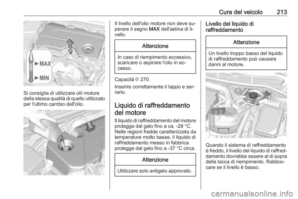 OPEL ASTRA K 2016 Manuale di uso e manutenzione (in Italian) Cura del veicolo213
Si consiglia di utilizzare olii motore
della stessa qualità di quello utilizzato per l'ultimo cambio dell'olio.
Il livello dell'olio motore non deve su‐
perare il se OPEL ASTRA K 2016 Manuale di uso e manutenzione (in Italian) Cura del veicolo213
Si consiglia di utilizzare olii motore
della stessa qualità di quello utilizzato per l'ultimo cambio dell'olio.
Il livello dell'olio motore non deve su‐
perare il se