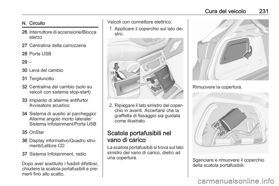 OPEL ASTRA K 2016 Manuale di uso e manutenzione (in Italian) Cura del veicolo231N.Circuito26Interruttore di accensione/Blocca
sterzo27Centralina della carrozzeria28Porta USB29–30Leva del cambio31Tergilunotto32Centralina del cambio (solo su
veicoli con sistema OPEL ASTRA K 2016 Manuale di uso e manutenzione (in Italian) Cura del veicolo231N.Circuito26Interruttore di accensione/Blocca
sterzo27Centralina della carrozzeria28Porta USB29–30Leva del cambio31Tergilunotto32Centralina del cambio (solo su
veicoli con sistema