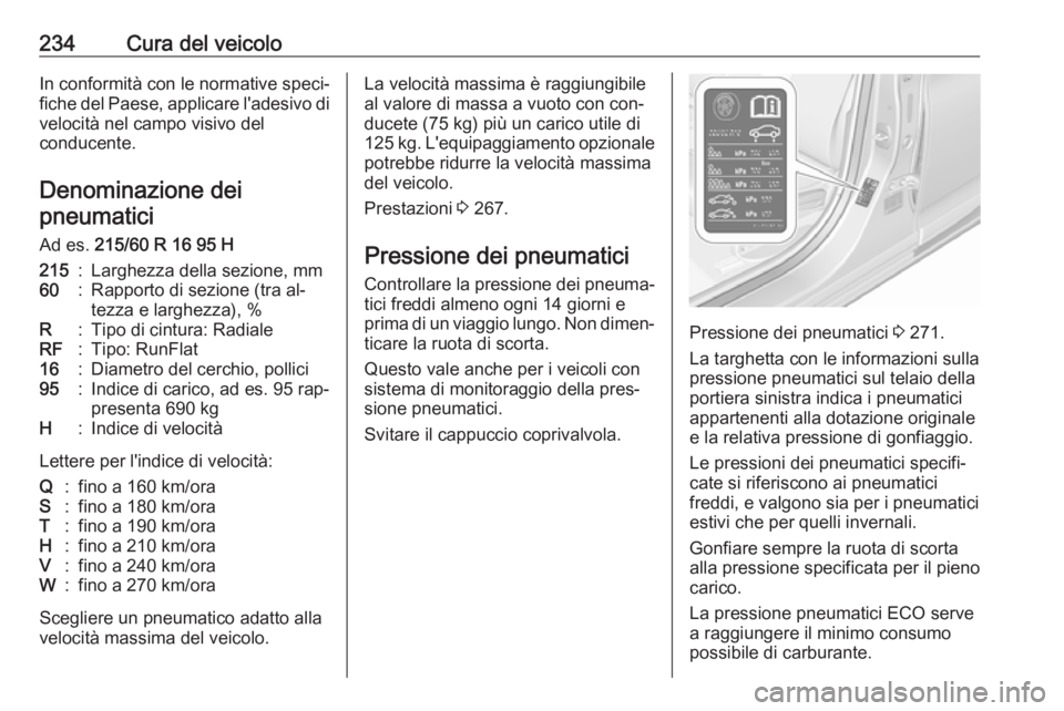 OPEL ASTRA K 2016 Manuale di uso e manutenzione (in Italian) 234Cura del veicoloIn conformità con le normative speci‐
fiche del Paese, applicare l'adesivo di
velocità nel campo visivo del
conducente.
Denominazione dei pneumatici
Ad es. 215/60 R 16 95 H OPEL ASTRA K 2016 Manuale di uso e manutenzione (in Italian) 234Cura del veicoloIn conformità con le normative speci‐
fiche del Paese, applicare l'adesivo di
velocità nel campo visivo del
conducente.
Denominazione dei pneumatici
Ad es. 215/60 R 16 95 H