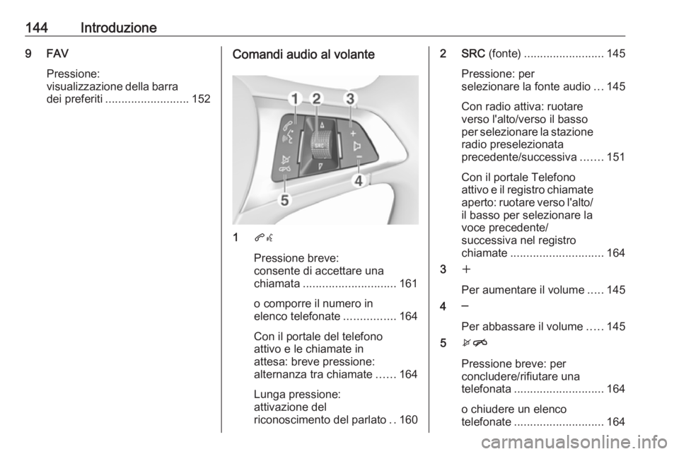 OPEL ASTRA K 2016.5  Manuale del sistema Infotainment (in Italian) 144Introduzione9 FAVPressione:
visualizzazione della barra
dei preferiti .......................... 152Comandi audio al volante
1qw
Pressione breve:
consente di accettare una
chiamata ................