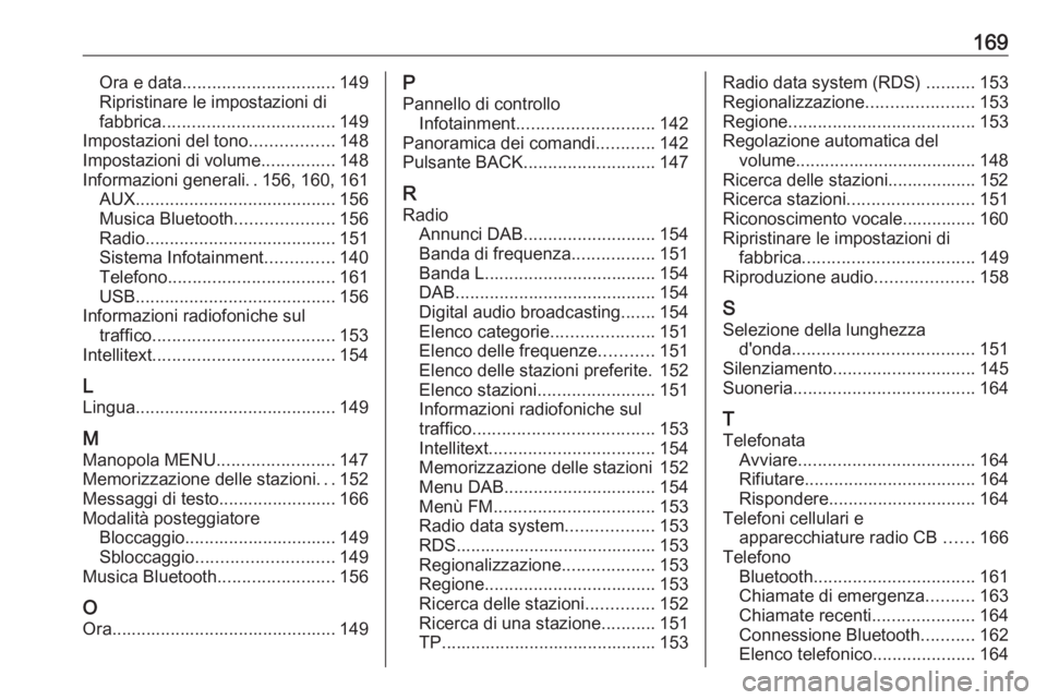 OPEL ASTRA K 2016.5  Manuale del sistema Infotainment (in Italian) 169Ora e data............................... 149
Ripristinare le impostazioni di
fabbrica ................................... 149
Impostazioni del tono .................148
Impostazioni di volume ....