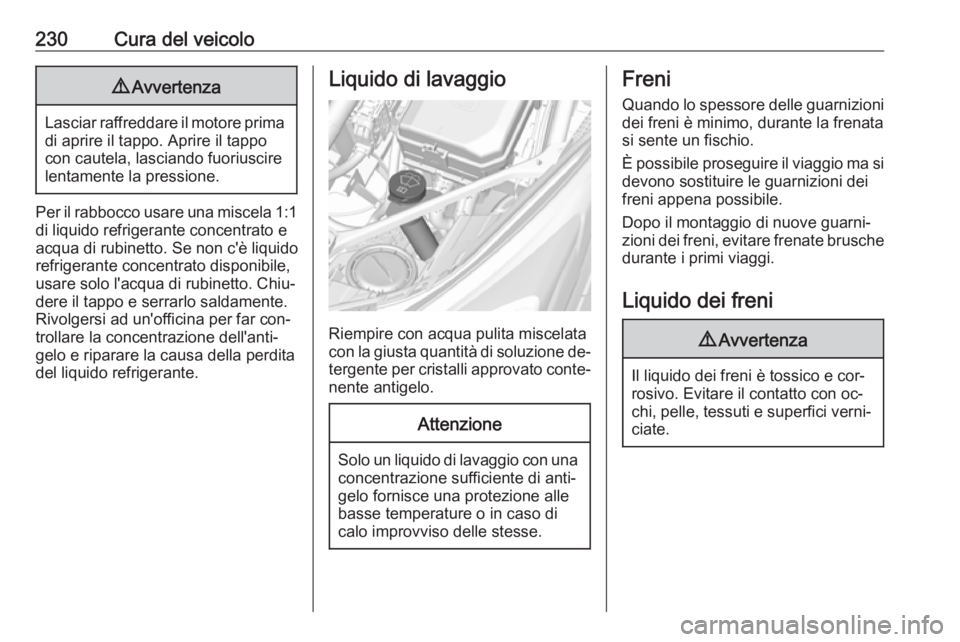 OPEL ASTRA K 2016.5  Manuale di uso e manutenzione (in Italian) 230Cura del veicolo9Avvertenza
Lasciar raffreddare il motore prima
di aprire il tappo. Aprire il tappo
con cautela, lasciando fuoriuscire
lentamente la pressione.
Per il rabbocco usare una miscela 1:1
