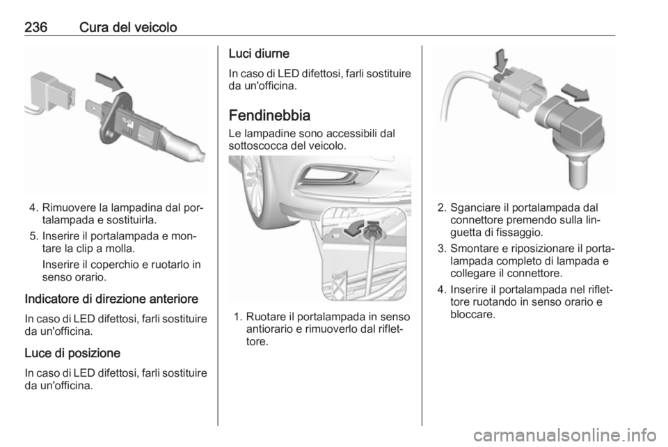 OPEL ASTRA K 2016.5  Manuale di uso e manutenzione (in Italian) 236Cura del veicolo
4. Rimuovere la lampadina dal por‐talampada e sostituirla.
5. Inserire il portalampada e mon‐ tare la clip a molla.
Inserire il coperchio e ruotarlo in
senso orario.
Indicatore