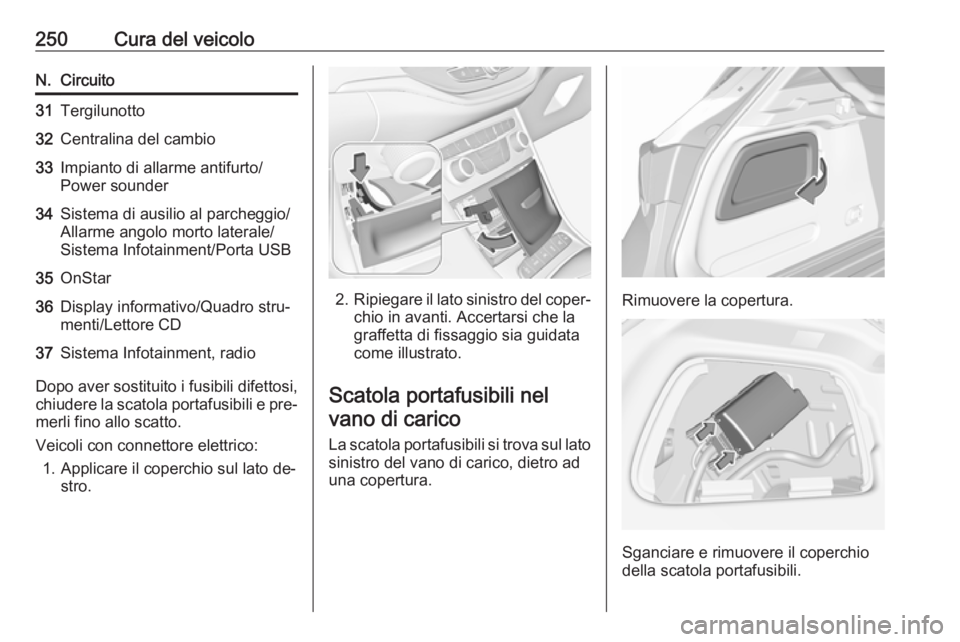 OPEL ASTRA K 2016.5  Manuale di uso e manutenzione (in Italian) 250Cura del veicoloN.Circuito31Tergilunotto32Centralina del cambio33Impianto di allarme antifurto/
Power sounder34Sistema di ausilio al parcheggio/
Allarme angolo morto laterale/
Sistema Infotainment/