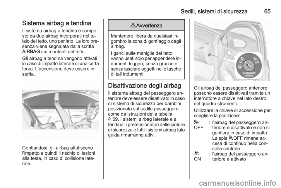 OPEL ASTRA K 2016.5  Manuale di uso e manutenzione (in Italian) Sedili, sistemi di sicurezza65Sistema airbag a tendina
Il sistema airbag a tendina è compo‐
sto da due airbag incorporati nel te‐
laio del tetto, uno per lato. La loro pre‐
senza viene segnalat